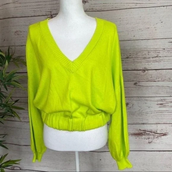 Abound V-Neck Knit Drop Shoulder Neon Elastic Waistband Hem Sweater NWT - Picture 1 of 7
